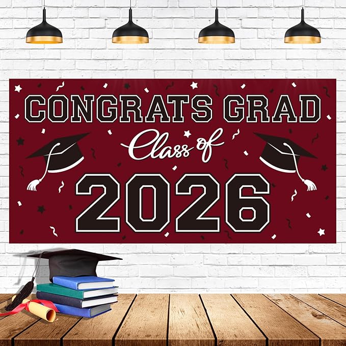 2026 Graduation Party Plastic Backdrop - 65" x 32.7" Congrats Grad Banner in Maroon, Large Class of 2026 Decorations, Photography & Grad Party Supplies