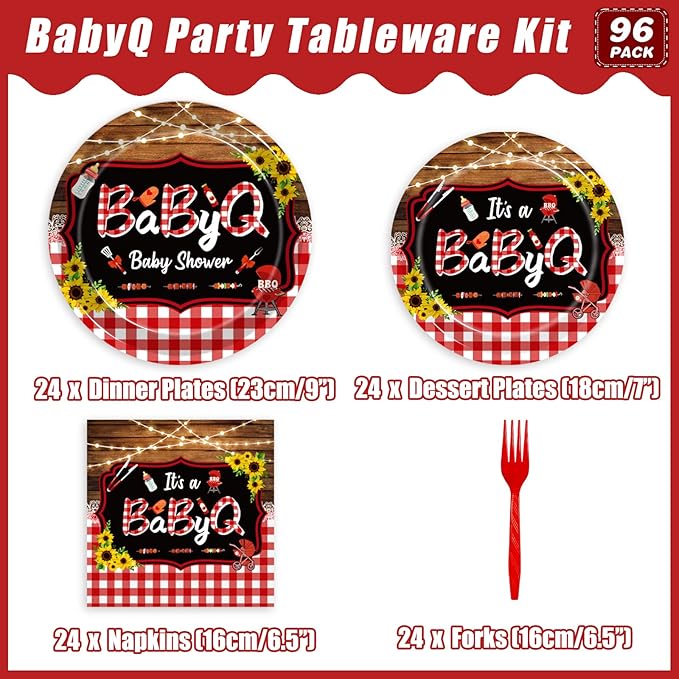 96 Pcs BBQ Baby Shower Decorations, It’s A BabyQ Party Plates and Napkins Supplies Set Sunflower Rustic Wood Barbecue Baby Shower Gender Reveal Picnic Party Disposable Tableware Kit, Serves 24
