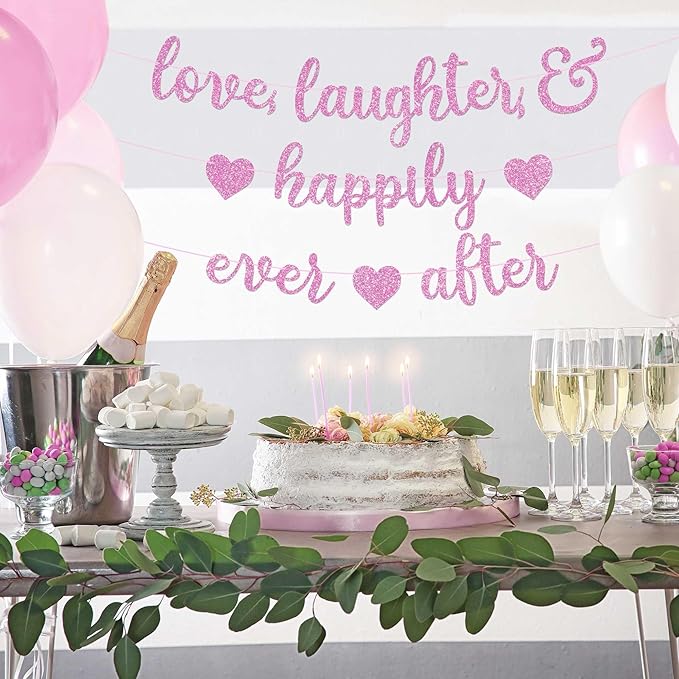 Pre-Strung Love Laughter & Happily Ever After Banner - NO DIY - Pink Glitter Bachelorette Wedding Bridal Party Banner - Pre-Strung Garland on 8 ft Strand - Pink Bachelorette Bridal Engagement Party