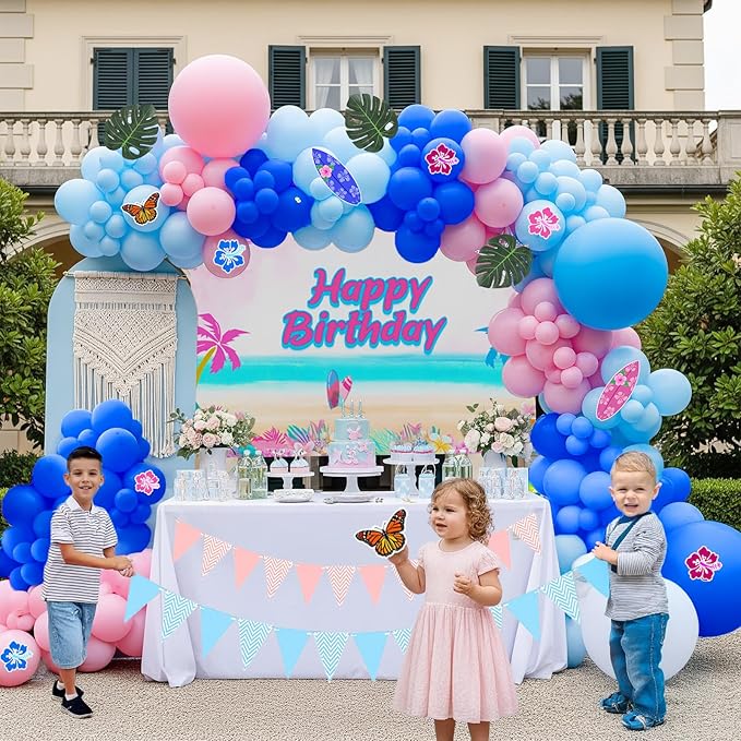 Pastel Pink and Blue Balloon Garland Arch with paper cards banner backdrop Artificial Palm Leaves for kids cartoon Hawaii gender reveal Baby shower birthday halloween trunk or treat party decorations
