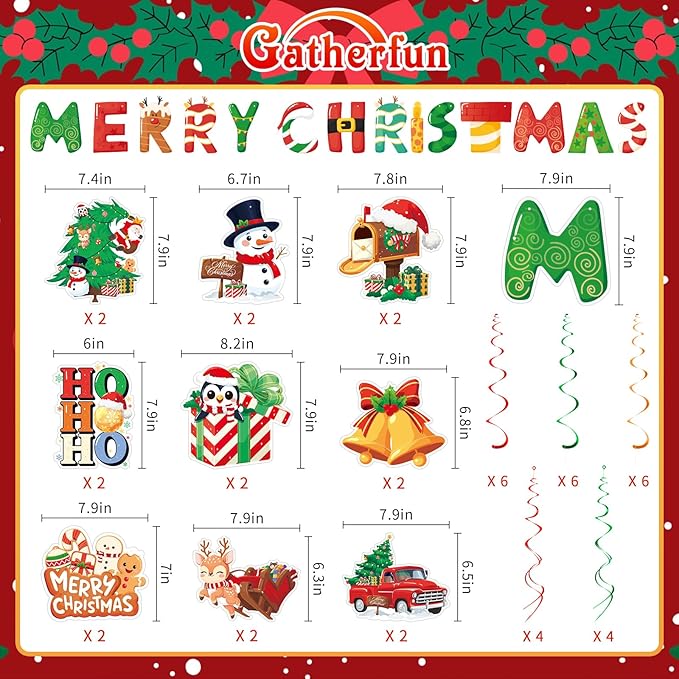 Christmas Decor Set: Banner & Hanging Swirls - for Home, Office, Classroom Indoor Christmas Party Decorations