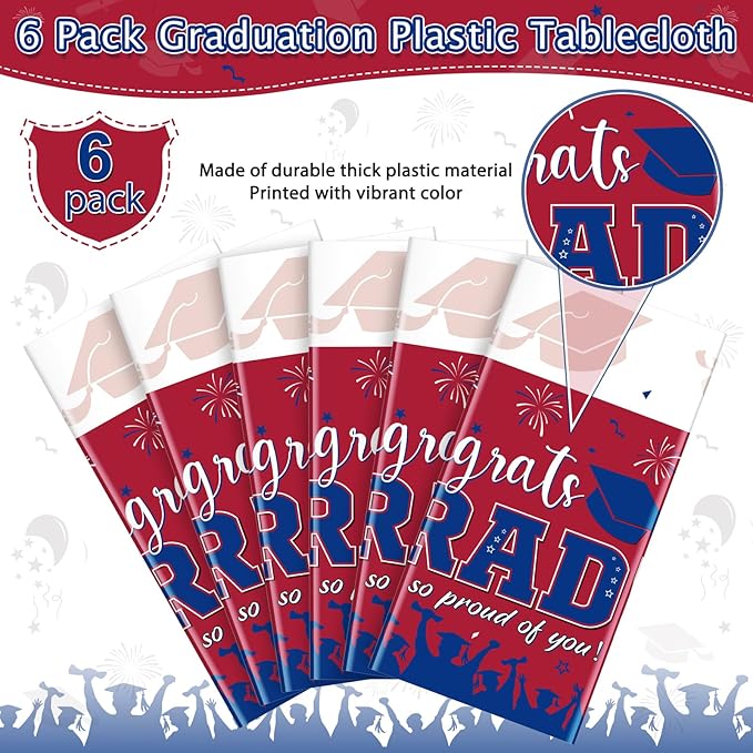 6 Pack Graduation Tablecloth Party Decorations, Class of 2026 Congrats Grad Plastic Tablecover Party Supplies, Red and Blue Rectangle Graduation Table Decor for College High School Party, 54 x 108Inch