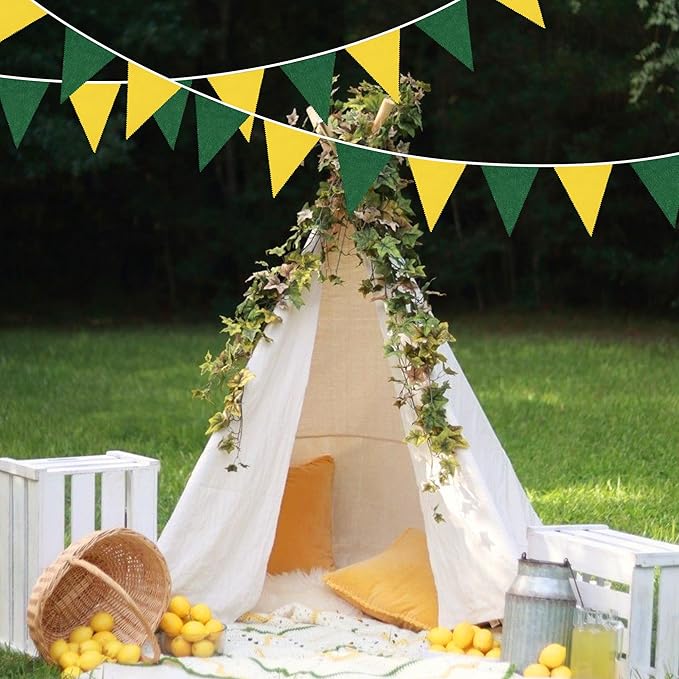 46Ft Yellow Green Party Decorations Yellow Green Burlap Banner Triangle Pennant Flag Linen Garland Streamers for Master Golf Birthday Baby Shower Rustic Spring Wedding Jungle Golf Party Decorations
