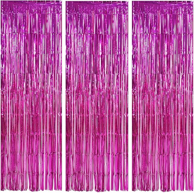TONIFUL 3-Pack Door Streamers, Metallic Photo Booth Backdrop with Foil Fringe Curtain for Birthday, Bridal Shower, Bachelorette Party Decor (9.9ft x 6.6ft, Pink)