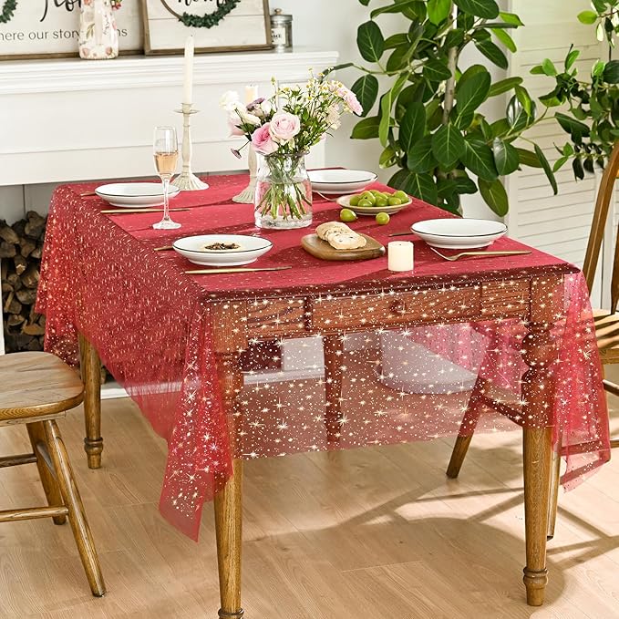Horaldaily Red Gold Sparkling Star Gauze Tablecloth 60x104 Inch Rectangular, Golden Star Sequin Glitter Metallic Foil, Sheer Tulle Cheesecloth for Wedding Baby Shower Party