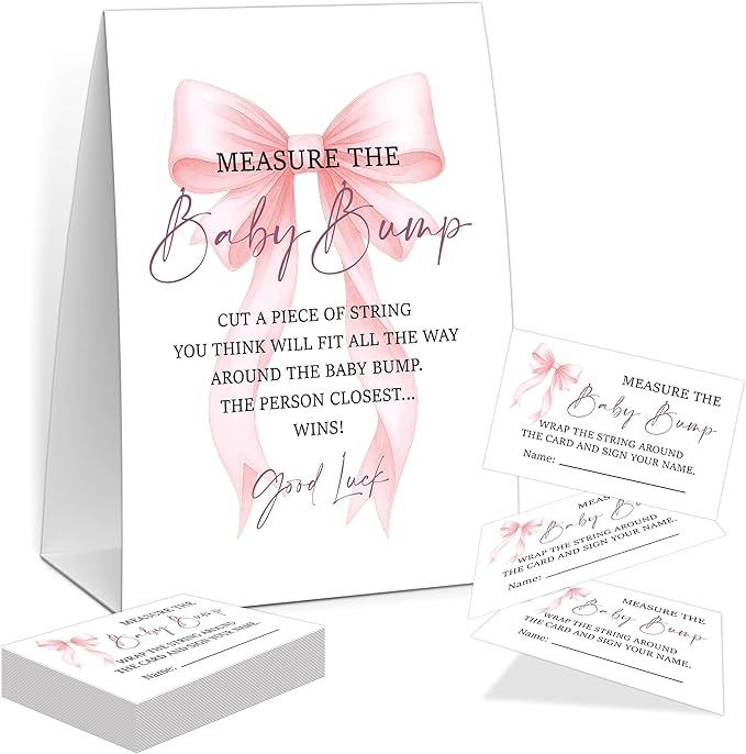 Pink Bow Measure the Baby Bump Game, Baby Shower Game, Include One 5×7 Sign and 50 Guessing Cards, Pink Coquette Bow Gender Reveal Party Decoration Supplies - FI01