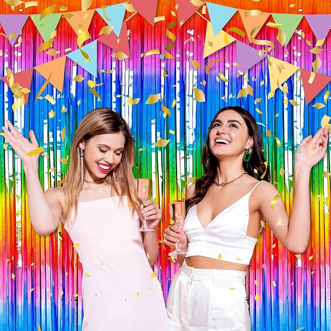 6 Pack Dark Rainbow Foil Fringe Curtains Backdrop, 3.28 x 9.8 Ft Metallic Streamers Tinsel Curtains Background for Photo Booth, Birthday, Halloween, Christmas, New Year Party Decorations