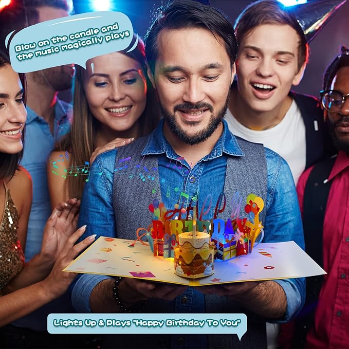 Olatay 3D Musical Birthday Popup Card, Blowable/Blow Out LED Light Candle and Play Happy Birthday Music for Kids Men and Women
