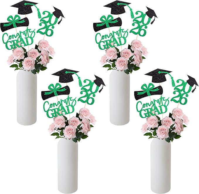 Gexolenu 16 PCS Green and Black Double-Sided 2026 Graduation Centerpieces for Tables, 2026 Table Toppers Party Centerpiece Sticks Party Supplies, Graduation Party Decorations Class of 2026, Set of 4