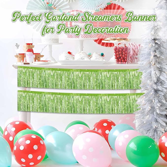 3 Pack 10 Ft Light Green Foil Fringe Garland Metallic Streamers Tinsel Banner Wall Hanging Garland Backdrop for Parade Floats, Halloween, Christmas, Thanksgiving, New Year Party Decorations