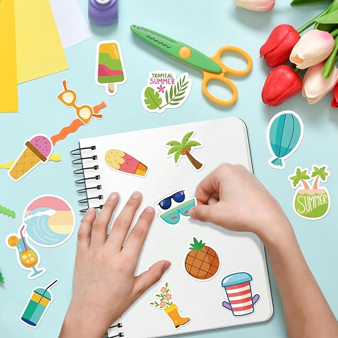 OHOME Summer Stickers | 100 PCS Hawaiian Beach Stickers for Kids - Vinyl Summer Games Toys Gifts Activities Party Favors Supplies - Tropical Crafts Bulk for Classroom Home - Travel Essential for Kids