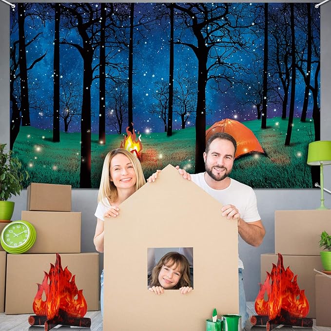 Forest Scene Camping Backdrop Photography Background Campfire Photo Backdrop and 2 Sets 3D Decorative Cardboard Campfire Centerpiece Artificial Fire Party Decoration for Camping Theme Party