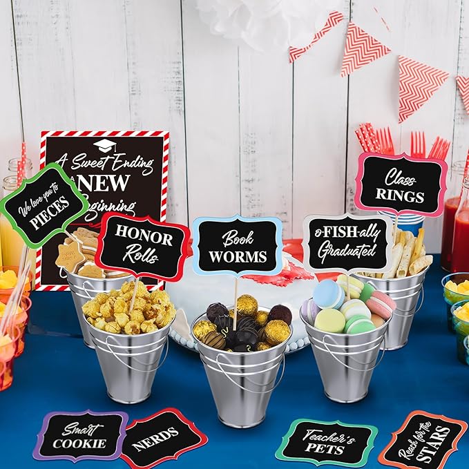 12 Set 2026 Graduation Candy Buffet Party Decoration Graduation Table Candy Bar Snack Labels Signs and 5'' Buckets with Handle for Class of 2026 Party Parties Supplies(Pure Style,Silver Color)
