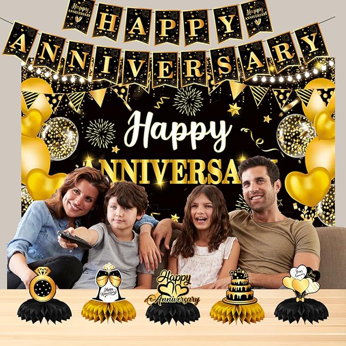 Happy Anniversary Decorations, Black and Gold Happy Wedding Anniversary Party Supplies - Happy Anniversary Banner,Backdrop 5.9 x 3.6Ft with 5pcs Honeycomb Centerpiece for Work Decorations
