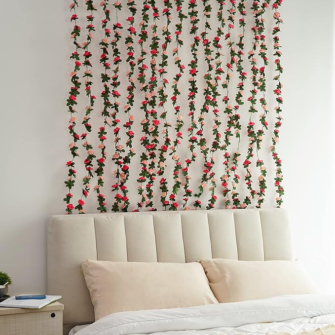 BLEUM CADE 16Pcs 131.2Ft Flower Garland Artificial Rose Vines for Bedroom, Cute Fake Hanging Flower Vines Floral Garland Decorations for Wedding Party Wall Room Decor Aesthetic