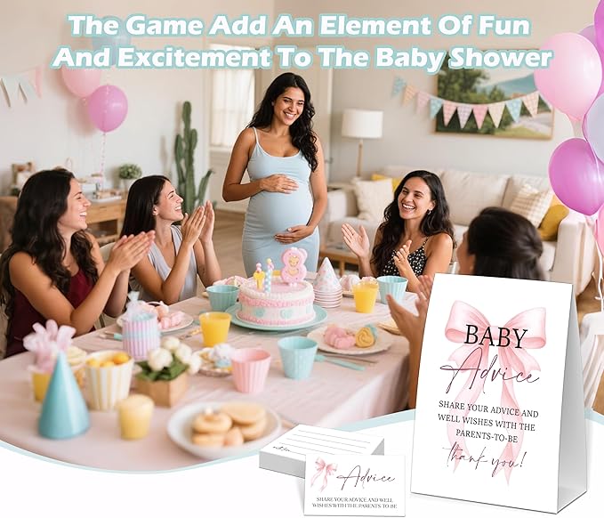 Pink Bow Baby Shower Advice for Parents To Be, Baby Shower Game, Include One 5×7 Sign and 50 Advice Cards, Pink Coquette Bow Gender Reveal Party Decoration Supplies - FH01