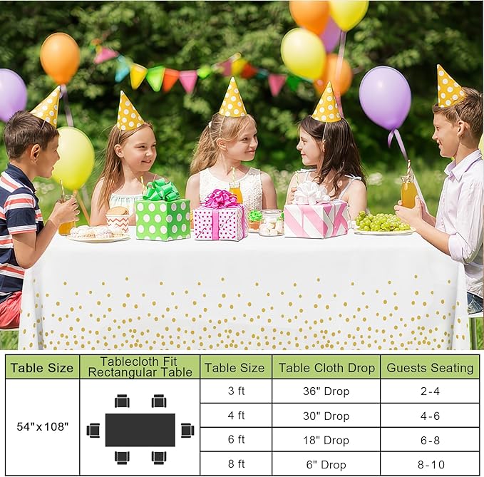 Smiry Disposable Table Cloth - 12 Pack, 54 x 108 Inch Waterproof Rectangle Tablecloths for New Years, Decorative Plastic Table Cover, Leakproof & Sturdy, White & Gold