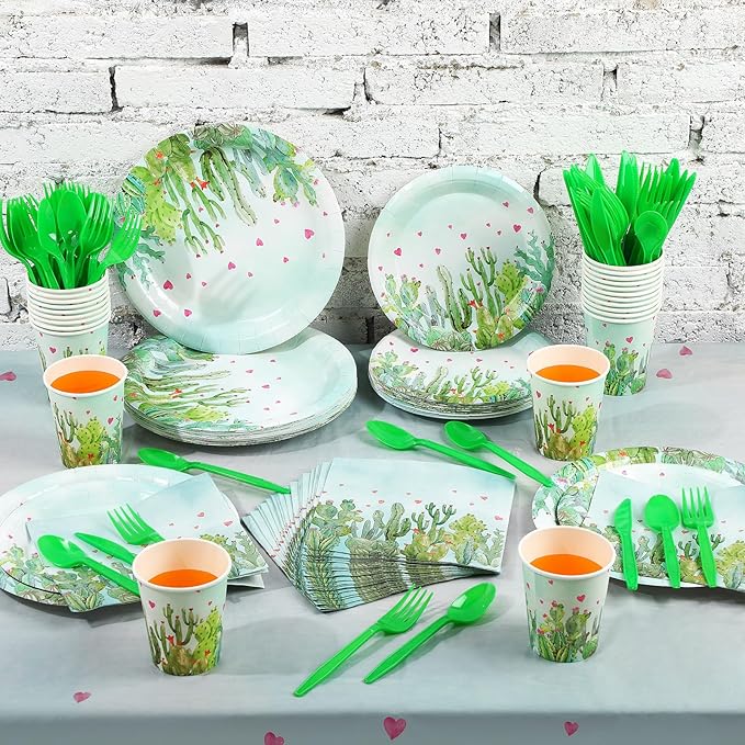 170 Pcs Cactus Party Decorations Supplies 24 Guest Cactus Party Set Disposable Tableware Paper Plate Cup Napkin Fork Knives Spoon for Fiesta Celebration Birthday Taco Decoration (Green)