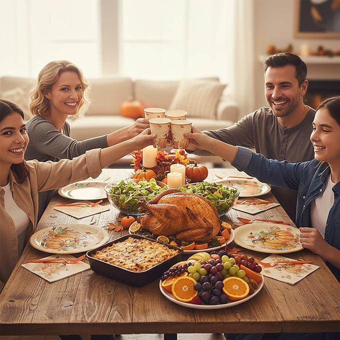 Mostop 126 Pcs Tableware Set - Fall Harvest Disposable Dinnerware with Plates, Napkins, Forks, Table Covers for Autumn Celebrations, Thanksgiving Day, and Harvest Festival, Serves 25 Guests