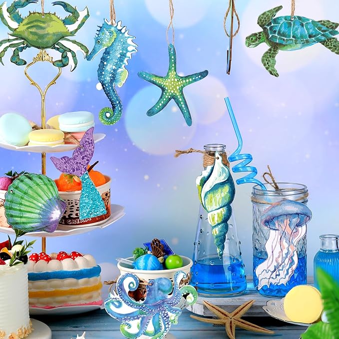 Chunful 30 Pieces Summer Tree Ornaments Christmas in July Wood Hanging Decoration Beach Wooden Slices Winter Tree Ornaments with String for Luau Hawaiian Party Supplies (Sea Style)