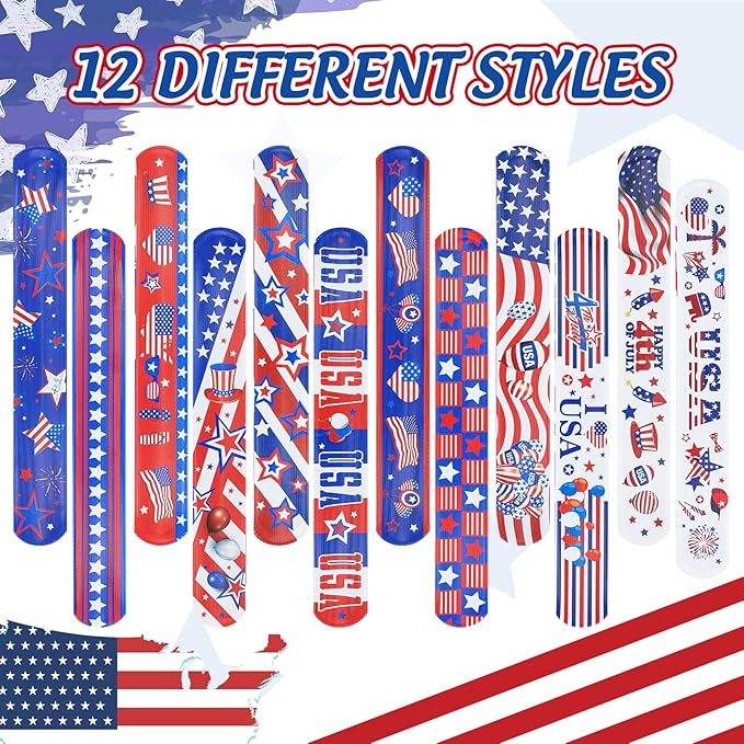 4th of July Party Favors Slap Bracelets for Kids 36PCS Red White and Blue American Flag Patriotic Snap Bracelet Bulk Independence Day Party Supplies Fourth of July Kids Toys Gifts Classroom Prizes