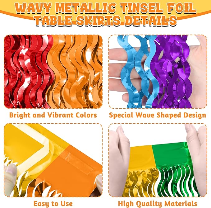 Rainbow Table Skirt, 2 Pack Desk Skirts Party Decorations, Colorful Metallic Wavy Tinsel Foil Fringe Table Skirts, Rainbow Foil Table Skirt for Birthday Classroom Teacher Pride Month Decor