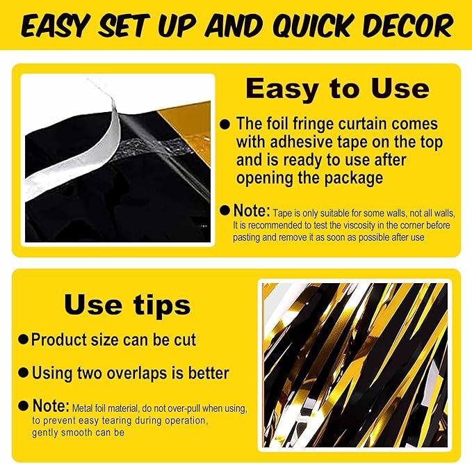 6 Pack Black and Gold Foil Fringe Curtains Backdrop, 3.28 x 9.8 Ft Metallic Streamers Tinsel Curtains Background for Photo Booth, Birthday, Halloween, Christmas, New Year Party Decorations