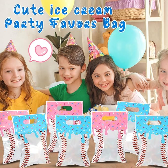 Glenmal 50 Pcs Baseball Ice Cream Drip Party Favors Gift Bags Plastic Ice Cream Baseball Goodie Candy Treat Snack Bags for Birthday Party Supplies