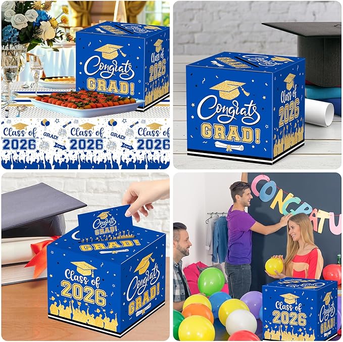 Graduation Card Box 2026 - Congrats Grad Card Boxes Holder, Blue and Gold Class of 2026 Graduation Gift Cards Box for Graduation Party Decorations 2026 Favors Decor Supplies Props,9x 9 x 9 inches