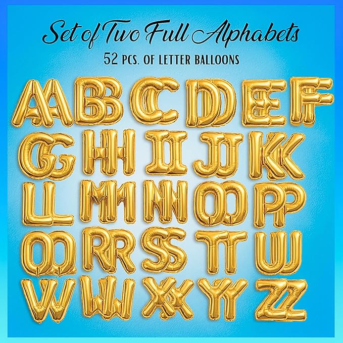 [52pcs] Gold Letter Balloons - 2 Full A-Z Sets For Gold Letter Balloon Banner | Alphabet Ballons | 16 inch Foil Ballon | Customized Name Balloon Letters for a Birthday, Graduation, Wedding Baby Shower