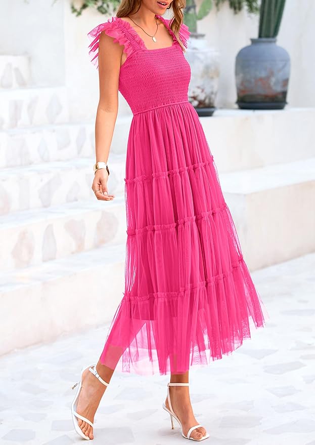 PRETTYGARDEN Women's Summer Tulle Midi Dress Sleeveless Smocked Ruffle Flowy Mesh Dresses Party Wedding Guest Sundress