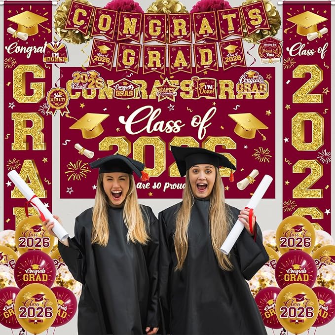 2026 Graduation Decorations - Red Congrats Grad Party Supplies include Card Box, Backdrop, Banner and Balloons for Class of 2026 Decorations Set