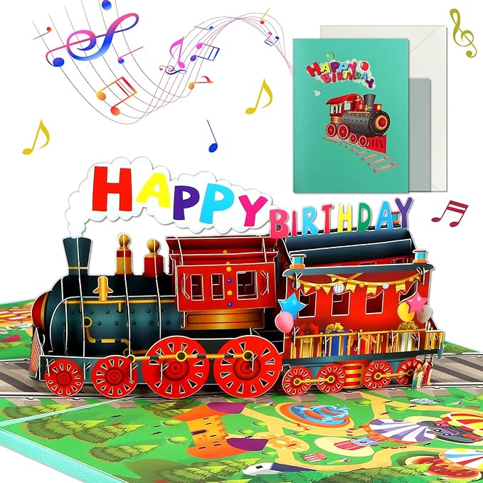 FaCraft Train Musical Birthday Cards for Kids - Music and Light, 3D Pop Up Happy Birthday Cards with Envelope Blank Insert for Boys Women Men Girls