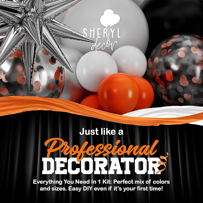 ALL-IN-1 Orange Black White Balloons Arch Kit with BONUS Starburst Balloons – Small & Large White Orange Black Balloons – Party Decorations for Graduation, Birthday Bengals, Halloween, Harley Davidson