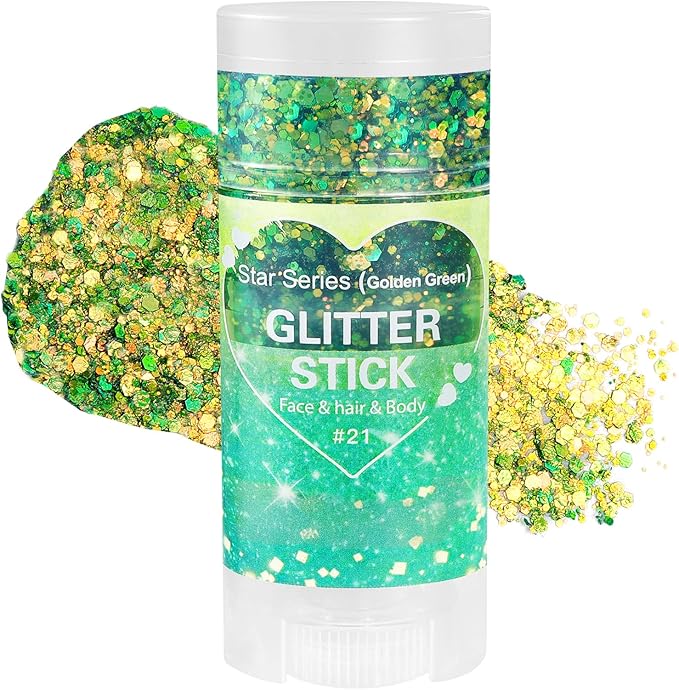 Mysense Chameleon Green Glitter Stick,Face Hair Body Glitter Makeup Shifts Green and Gold,St Patricks Day Accessories,Mardi Gras Outfit for Women,Sparkling Chunky Glitter for Festival Rave Party
