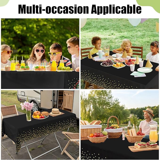 Smiry Disposable Table Cloth - 6 Pack, 54 x 72 Inch Waterproof Rectangle Tablecloths for Parties, Decorative Plastic Table Cover, Leakproof & Sturdy, Black & Gold