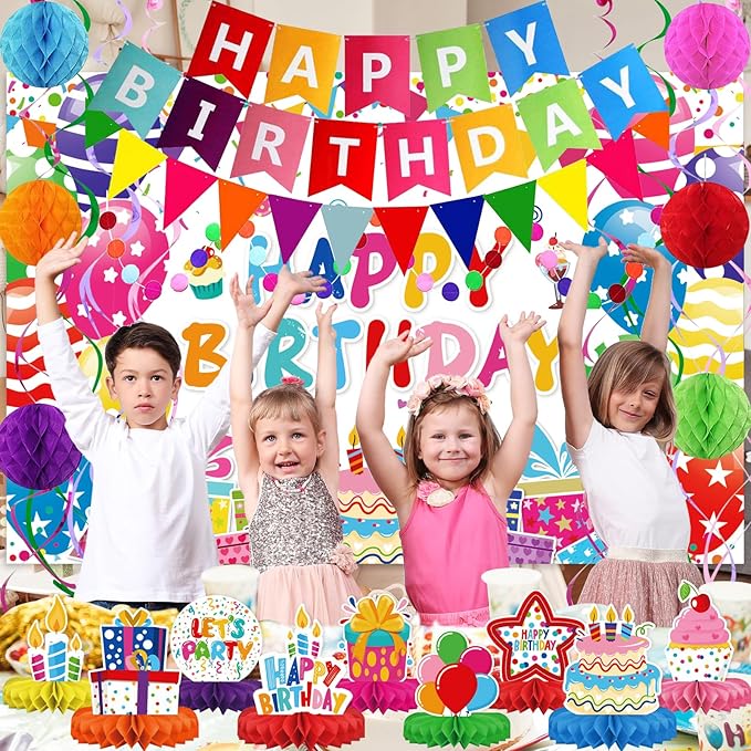 Birthday Decorations Kit, Happy Birthday Party Banner, Honeycomb Balls, Metallic Hanging Swirls, Circle Garland, Colorful Party Decorations, Backdrop Cloth, Centerpieces for Tables