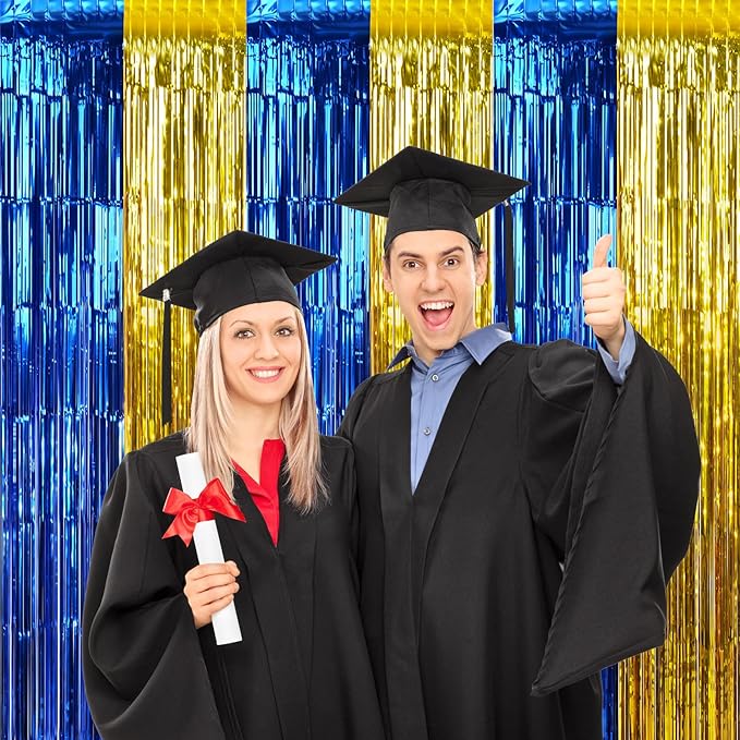 6 Pack 3.3Ft x 6.6Ft Graduation Foil Fringe Curtain Backdrop Decorations, Blue Gold Metallic Tinsel Foil Streamers Curtain Photo Booth Background for Graduation Prom Wedding Birthday Party Decorations