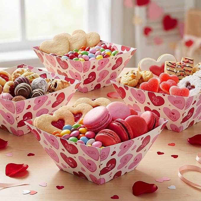 Marspark 24 Pcs Valentine's Day Popcorn Boxes Disposable Paper Bowls Sweet Hearts Popcorn Tray Containers Valentines Party Supplies Galentines Decoration Heart Treat Snack Bowl for Wedding Engagement