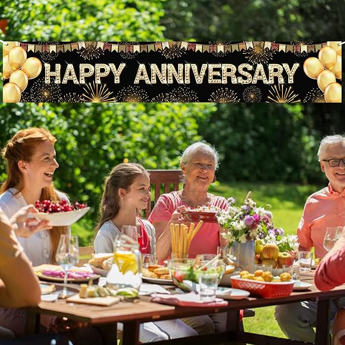 Happy Anniversary Party Backdrop Banner Black Gold Balloons Fireworks Theme Decor for Wedding Anniversary Party Supplies Yard Sign Background Indoor and Outdoor Party Decorations Gift