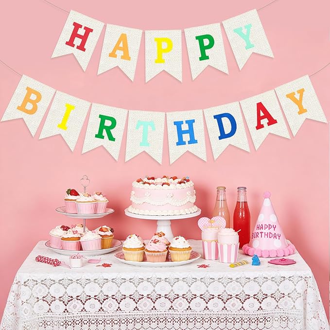 Burlap Happy Birthday Banner, Colorful Assembled Happy Birthday Banner Sign Garland for Boys Girls Rustic Party Decorations