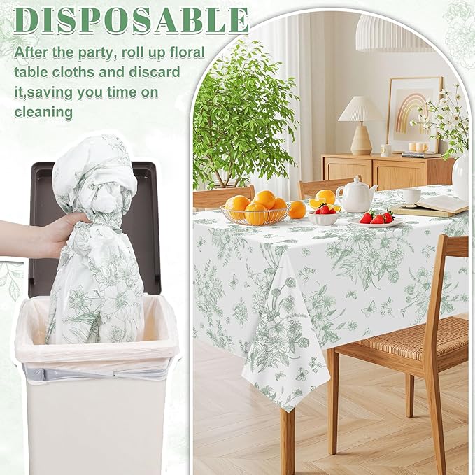3 Pack Sage Green Floral Plastic Tablecloths, 54 X 108Inch Tea Party Tablecloth Disposable Table Cloths Green and White Porcelain Tables Decor for Mother's Day Birthday Garden Wedding Tea Party