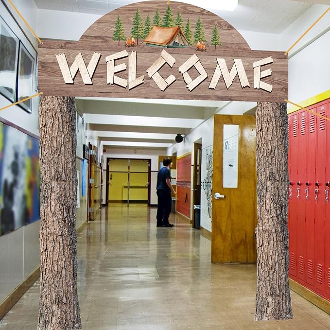 Peryiter 3 Pcs Camping Themed Party Decorations Banner Welcome Porch Sign with 1 Double Sided Tape for Summer Camp Birthday Hawaii Baby Shower Themed Party Activity Decor door (Forest Style)
