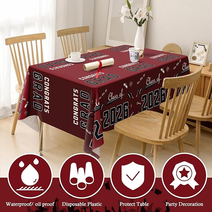 OHOME Maroon Graduation Decorations Class of 2026 - Graduation Party Decorations 2026 - Disposable Plastic Tablecloth for Class of 2026 Decorations Party Favors Supplies Banner,54" X 108",2 Pack