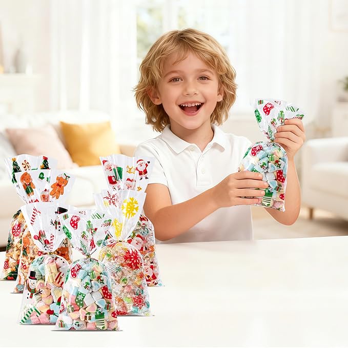 Aegero 120 Pcs Christmas Cellophane Treat Bags, Xmas Gift Candy Goodies Bags with 140 Pcs Twists for Xmas Party Favor Supplies,Kids Party Favors,Snacks Cookies Packing(10.63 x 5.12 inches,Christmas01)