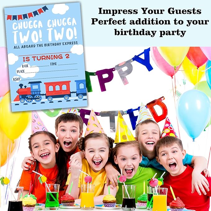 Birthday Party Invitation Cards, Stream Train Party Celebration, 2nd Birthday Chugga Chugga Two Two Train，Party Supplies, Favors, 20 Cards With 20 Envelopes – (blue 2y)
