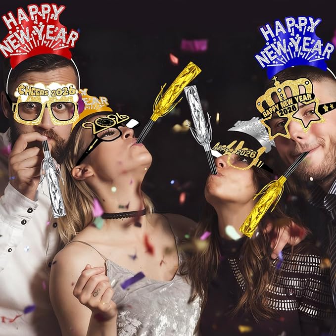 Openfly 24Pcs New Years Eve Party Supplies 2026 Happy New Years Party Headband Hats New Year Glasses New Year Noise Makers