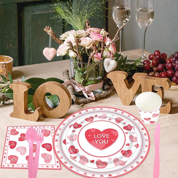168Pcs Valentines Paper Plates and Napkins,Valentine's Day Party Supplies Pink Heart Paper Plates Napkins Cups Dinnerware for Galentines Party Decorations,Serves 24