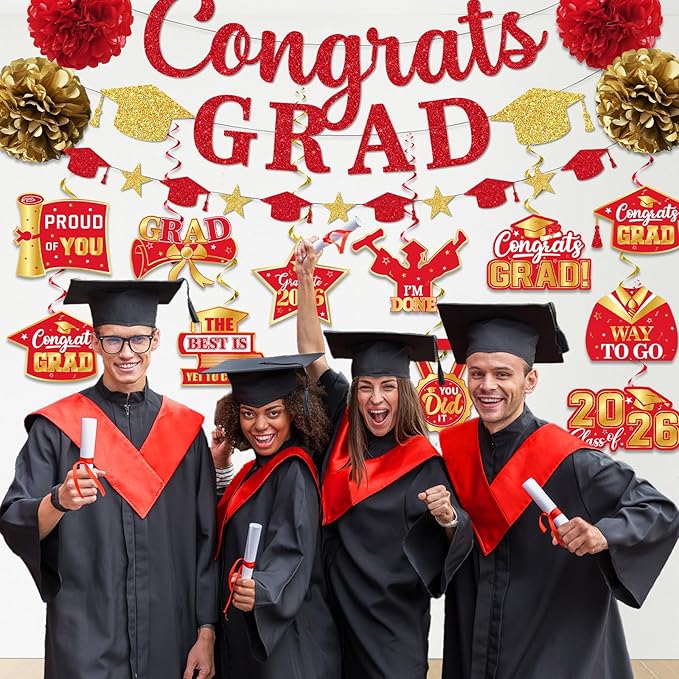 Red Graduation Decorations, Glitter Congrats Grad Banner Hanging Swirls and Tissue Pom Poms, Red and Gold Graduation Decorations for Class of 2026 College Graduations Party Decorations