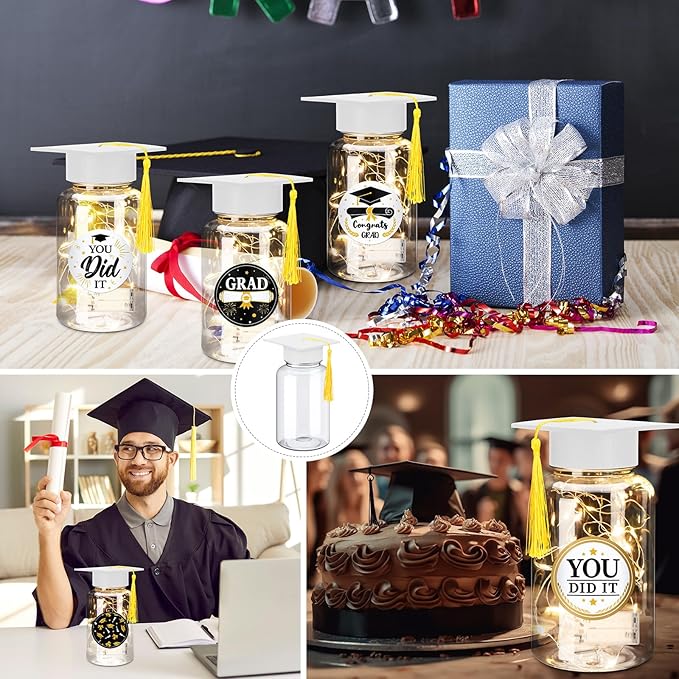 Boao 16 Sets Graduation Table Decoration Set with LED Light up Graduation Decorations for Class of 2026, Grad Jar, Felt Grad Hat and Stickers for High School College(White,Vivid)
